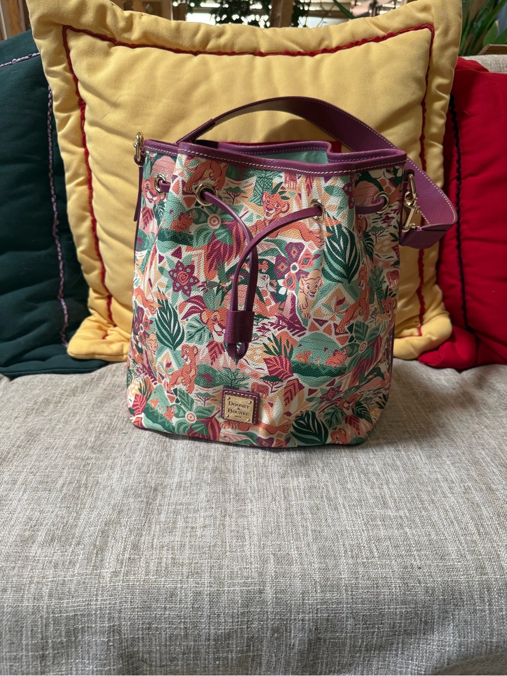 Dooney & Bourke Lion King Pink Purple Multicolor Floral Drawstring Shoulder Bag